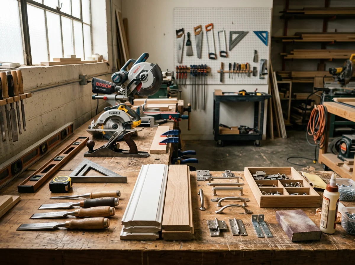 Professional tools and equipment arranged on a workbench, ready for finish carpentry and assembly projects.
