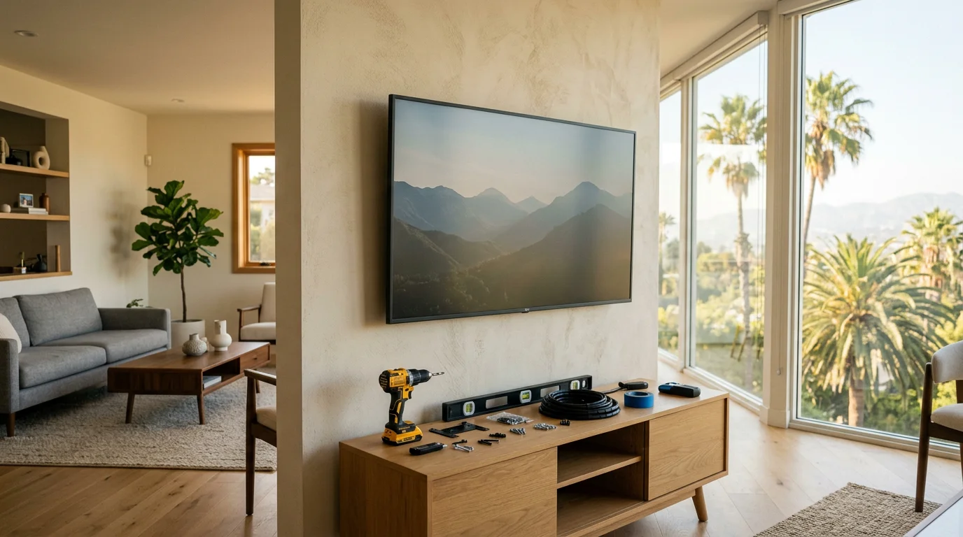 Handyperson mounting a television on a wall in a Los Angeles home
