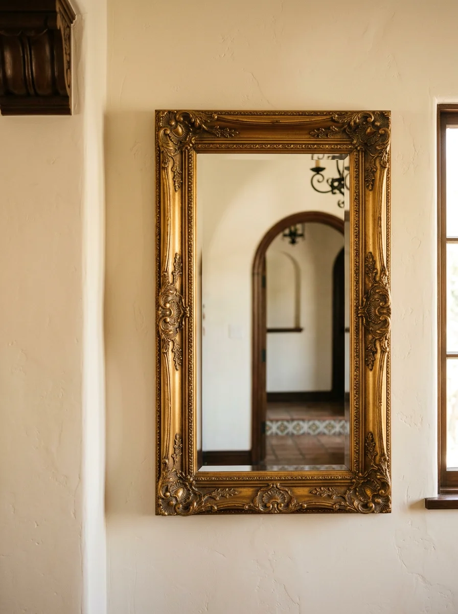 A large framed mirror precisely hung on a plaster wall in a Beverly Hills home with Spanish Colonial architectural details visible in the background.