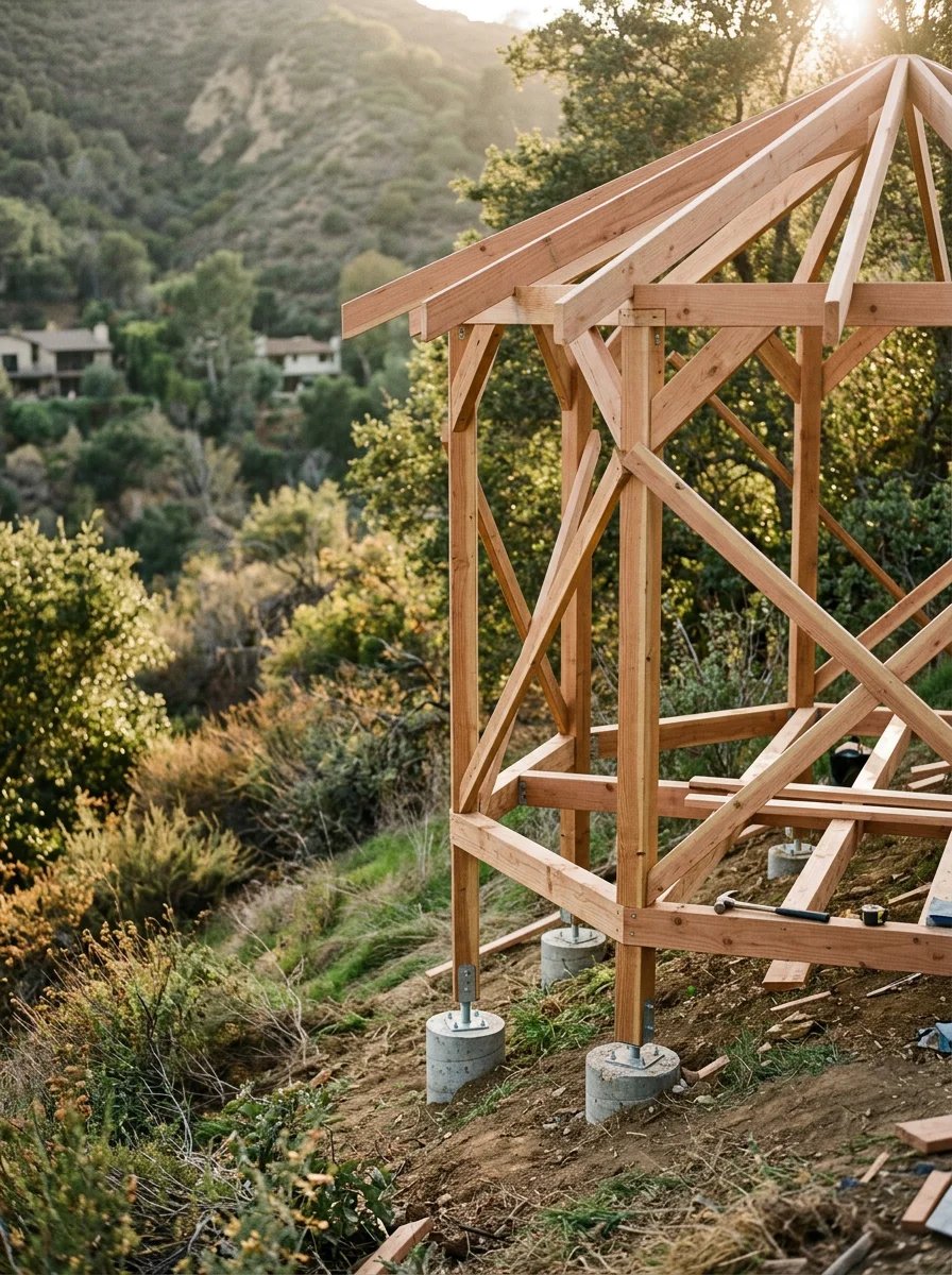 A gazebo being assembled on a sloped rear yard in a Mandeville Canyon property in Brentwood, with the base leveled on uneven terrain.
