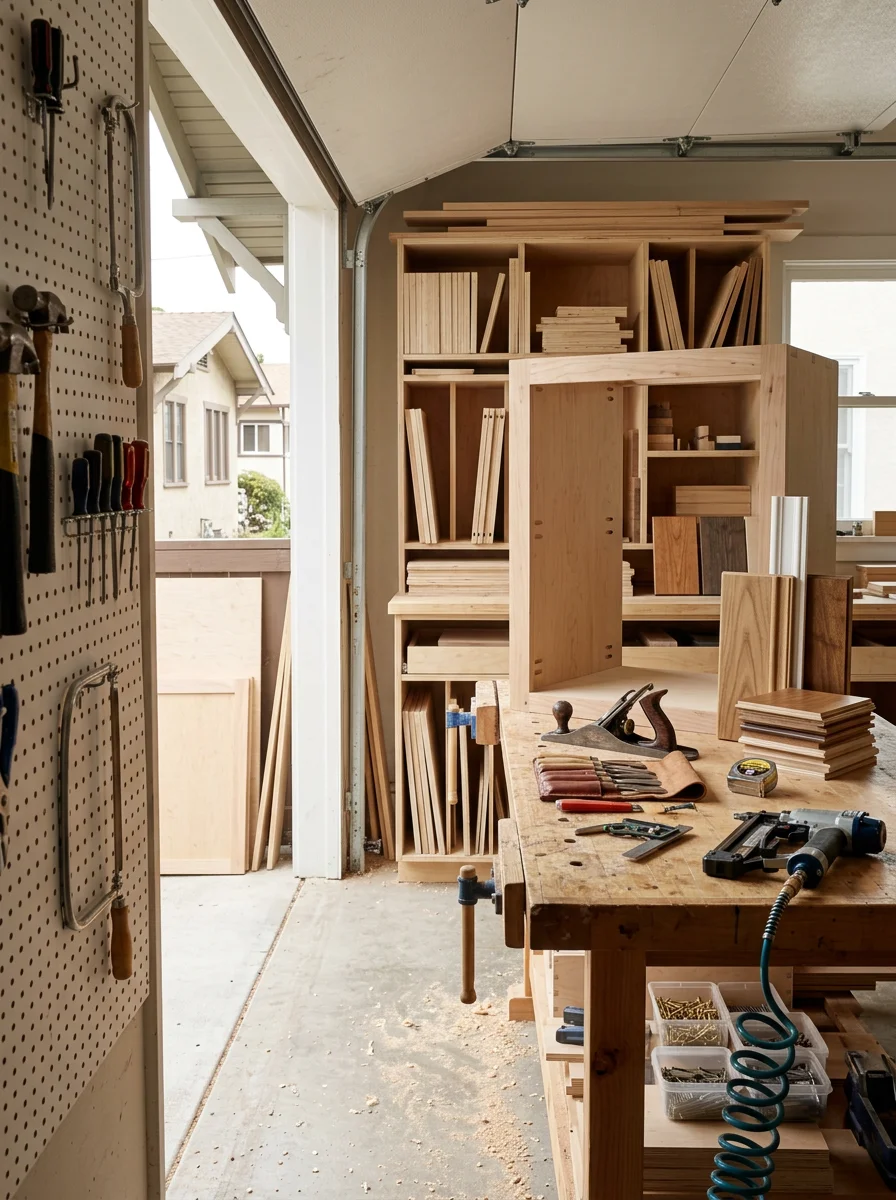 A carpenter installing a white closet system inside a small bedroom in a 1930s Craftsman bungalow in Culver City's Carlson Park neighborhood.