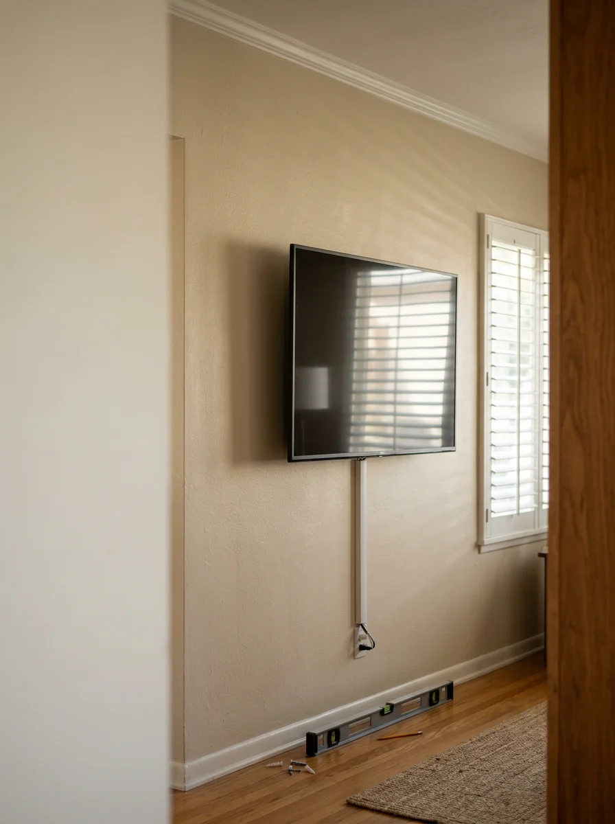 A wall-mounted flat-screen TV on a large, uninterrupted wall in a Ladera Heights ranch home, with clean cable management and level placement.