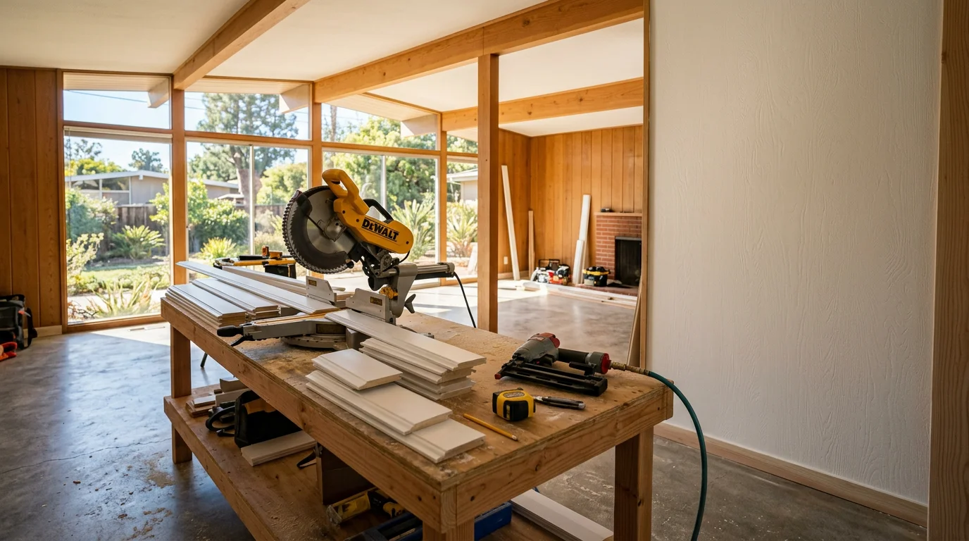 A finish carpenter installing white baseboard trim along the base of a wall in a mid-century ranch-style home in Ladera Heights, with an open-plan living area visible in the background.