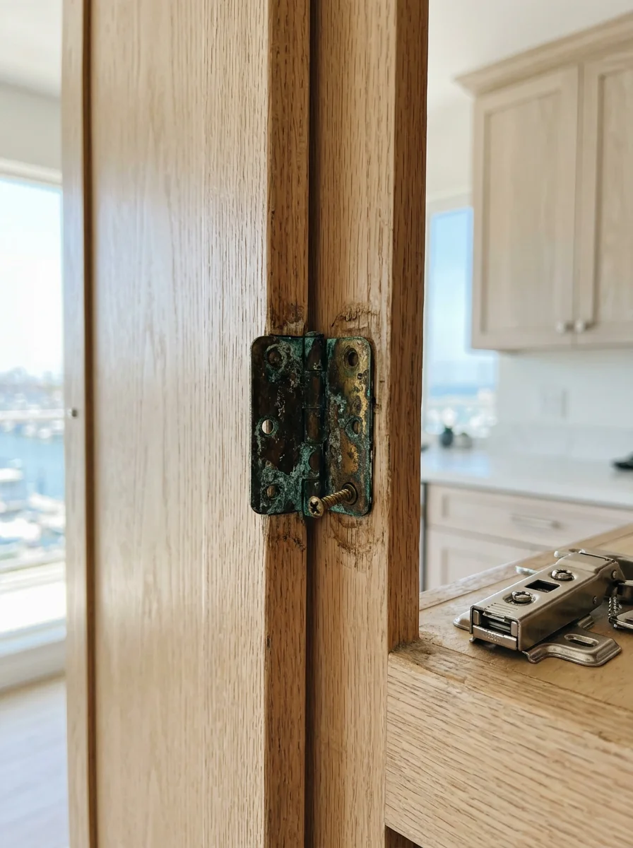 A cabinet hinge being replaced on a kitchen cabinet in a Marina del Rey condo, with visible corrosion on the original hardware from coastal salt air exposure.