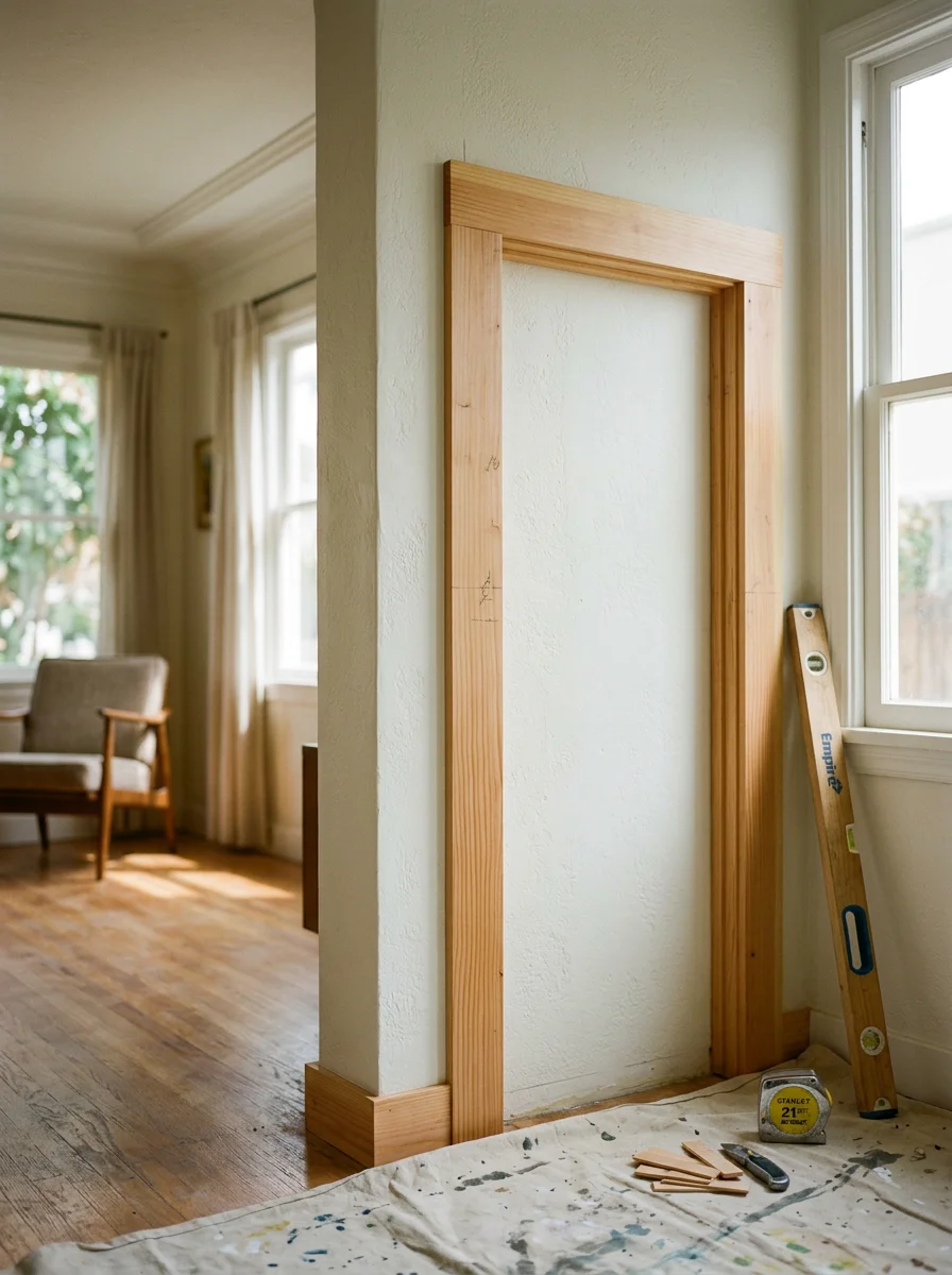 A carpenter adjusting a wood interior door frame in a 1950s beach bungalow in Santa Monica's Ocean Park neighborhood.