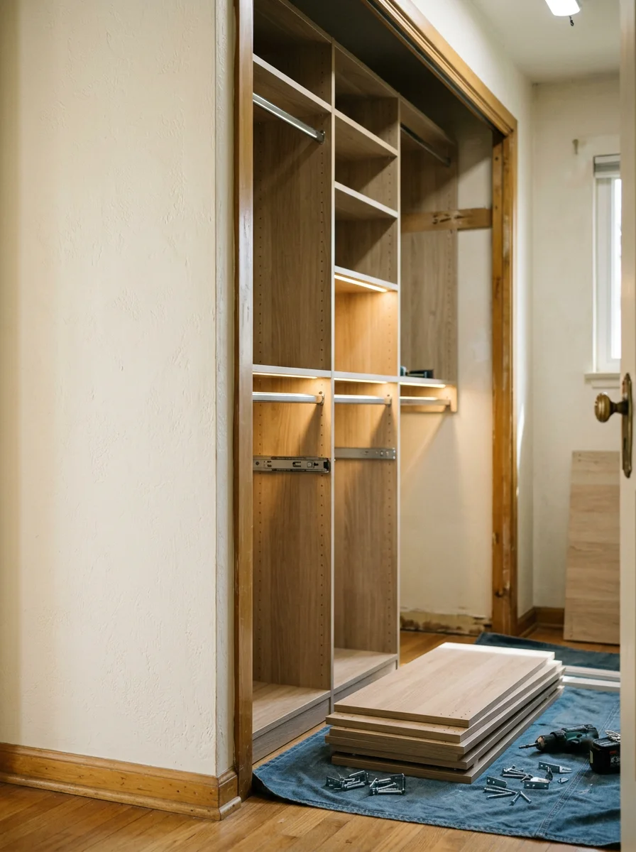 A closet system being installed inside a compact original closet in a 1950s California Ranch home in Studio City's Colfax Meadows neighborhood.