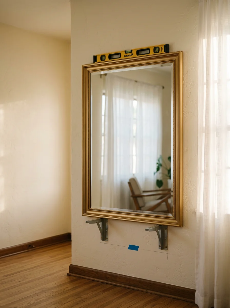 A large decorative mirror being installed on the wall of a West Hollywood apartment living room, with clean hardware and level placement.