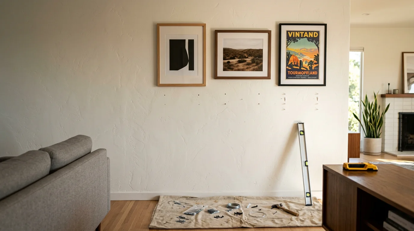 A handyman from Assemble All Install leveling a large framed artwork on a plaster wall inside a mid-century style home in Ladera Heights. Multiple framed pieces are arranged in a gallery wall layout in the background.