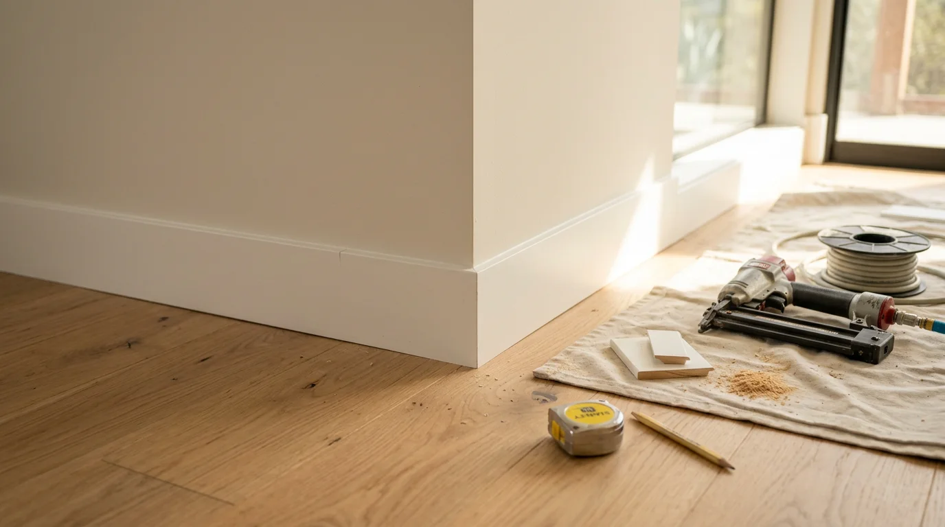 A carpenter installing white painted baseboards along the base of a freshly painted interior wall in a mid-century style home in Ladera Heights. The boards are fitted flush to hardwood flooring with clean mitered corners at the room's edge.