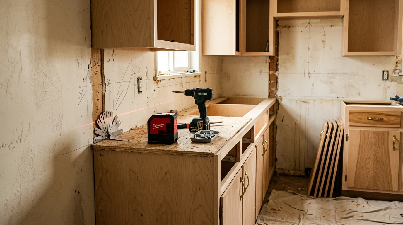 Newly installed kitchen wall and base cabinets with aligned doors and clean face frames inside a Ladera Heights home. A carpenter checks cabinet levelness with a spirit level during the installation process.