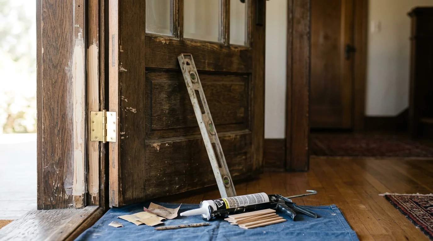 A repaired residential exterior door with a properly aligned frame and tight weatherstripping on a single-family home in Ladera Heights. The door closes flush against the jamb with no visible gaps.