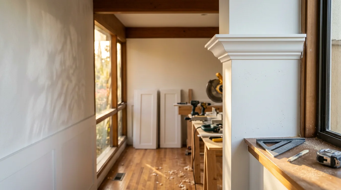 A finish carpenter installing crown molding in a mid-century modern home interior in Ladera Heights, California. Clean wood trim meets a smooth painted ceiling with tight, gap-free joints at each corner.