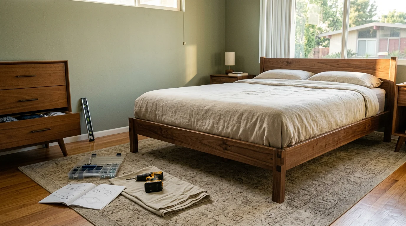 A fully assembled wooden dresser and bed frame set up in a bright bedroom inside a mid-century style home in Ladera Heights. Tools and packaging have been cleared, and the furniture is ready to use.