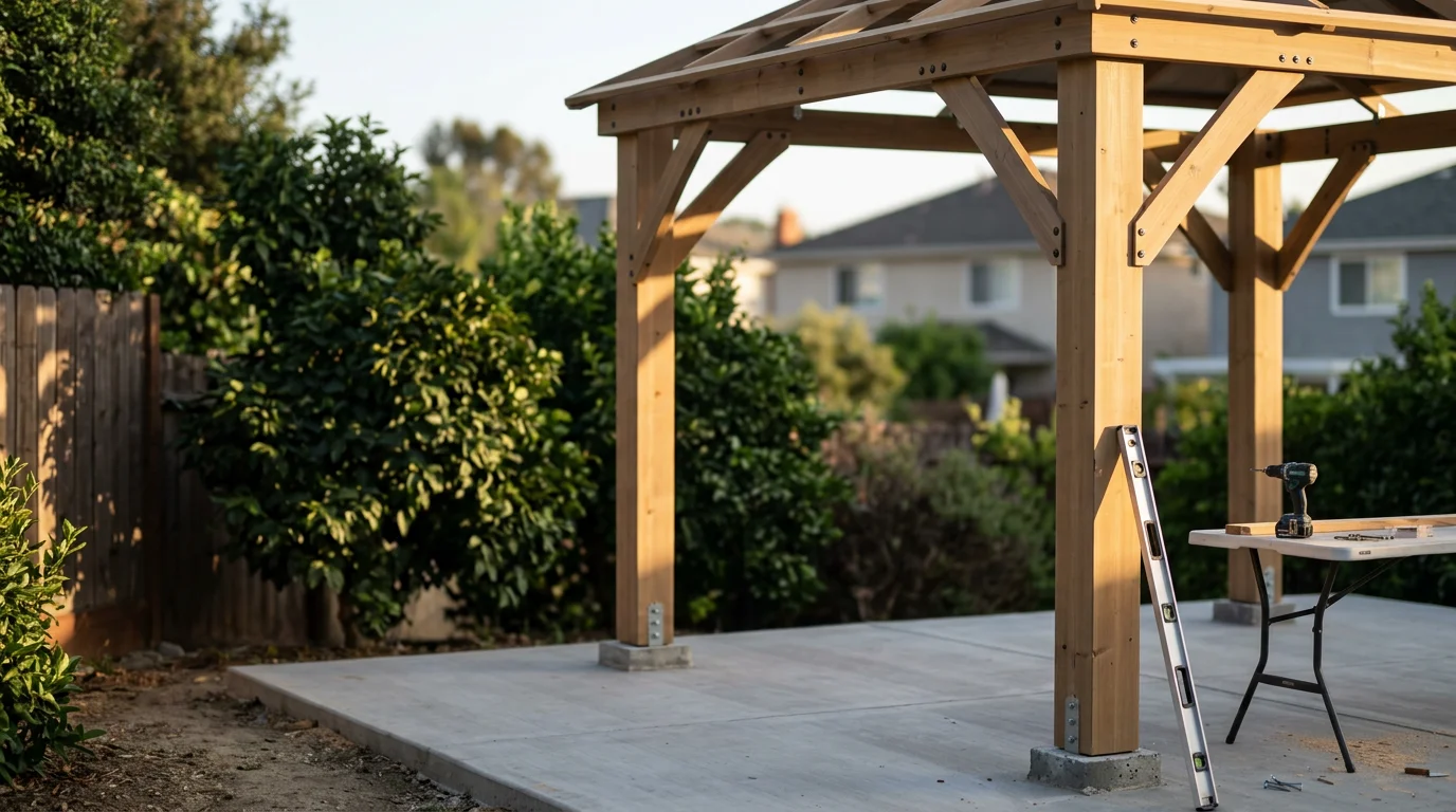A freestanding gazebo installed in a sunny Ladera Heights backyard, with a solid roof casting shade over a patio seating area. The structure sits level on a concrete surface with clean, finished anchoring at the base.
