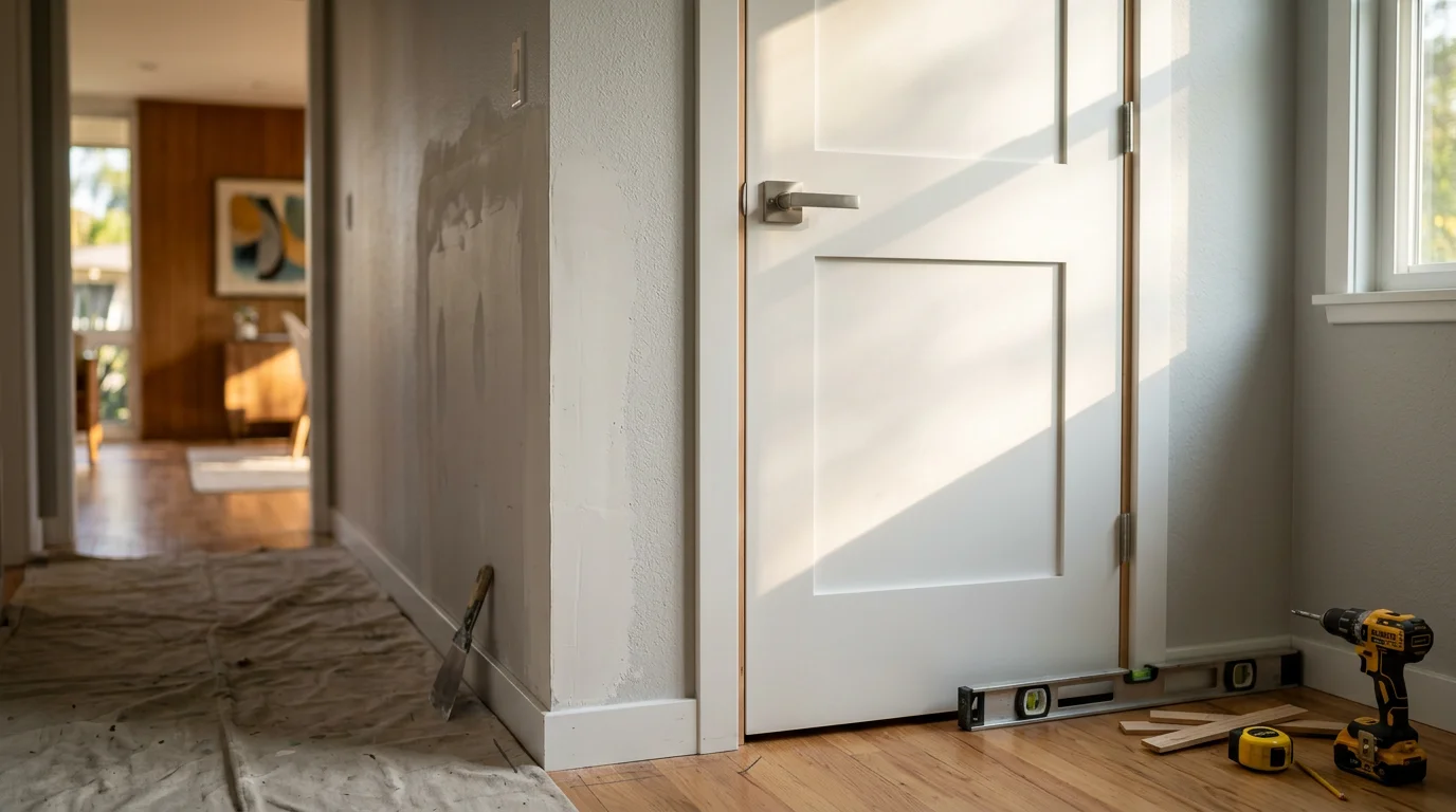 A newly installed interior door with clean casing and aligned hardware inside a Ladera Heights home. The door sits flush within the frame with no visible gaps along the jamb.