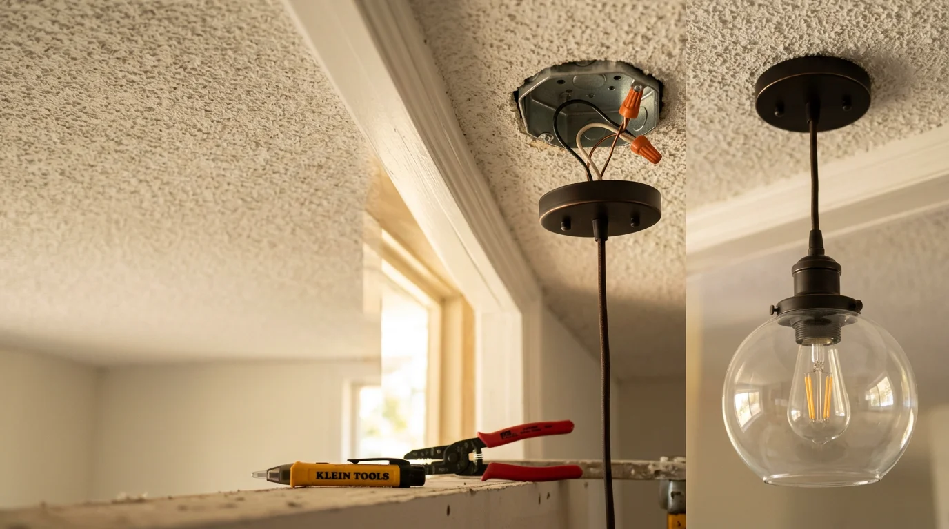 A newly installed pendant light fixture hanging from the ceiling of a mid-century style living room in a Ladera Heights home. The fixture is securely mounted and illuminates the space evenly.