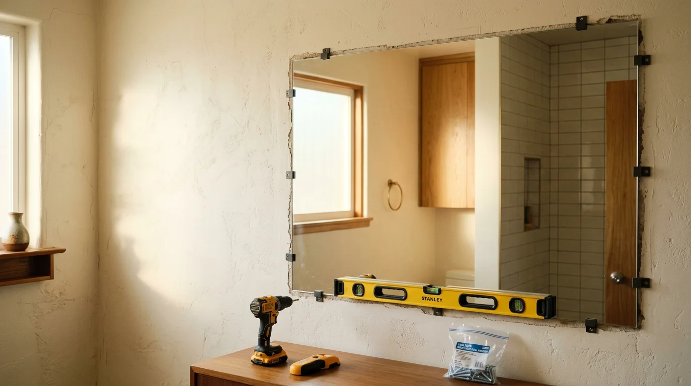 A large framed mirror mounted flush and level on a drywall interior wall inside a mid-century style Ladera Heights home. A handyperson from Assemble All Install checks alignment with a level during the installation.