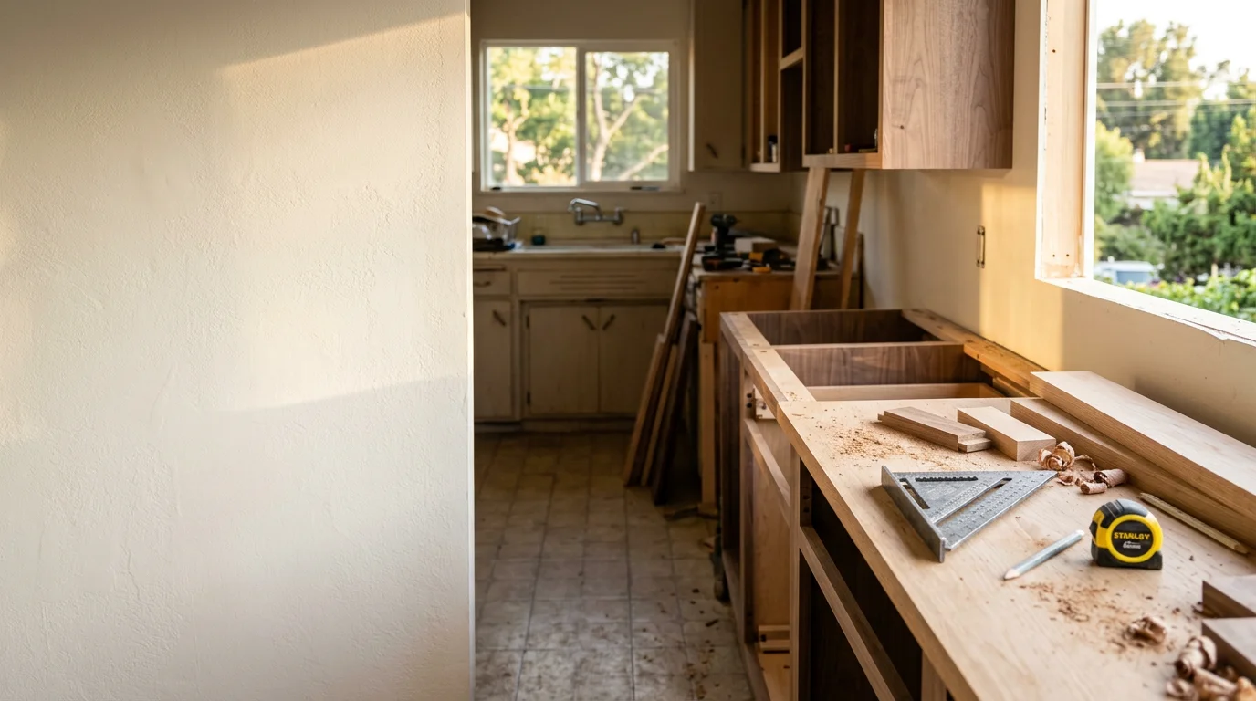 Remodeled interior of a single-family home in Ladera Heights showing an updated kitchen with modern cabinetry and open layout. The space reflects a mid-century home renovation completed by Assemble All Install.