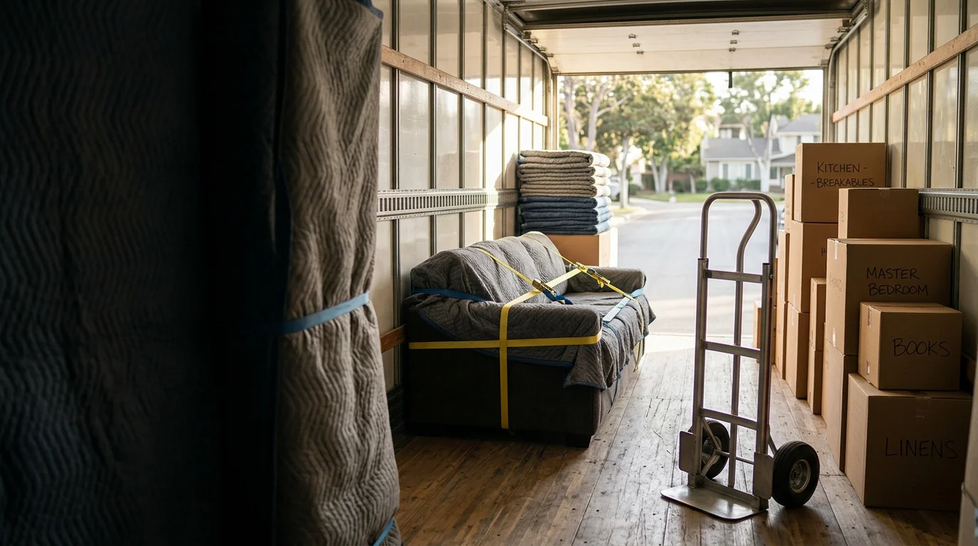 An Assemble All Install crew member carefully loading a large piece of furniture onto a transport vehicle outside a single-family home in Ladera Heights. The residential street and hillside setting are visible in the background.