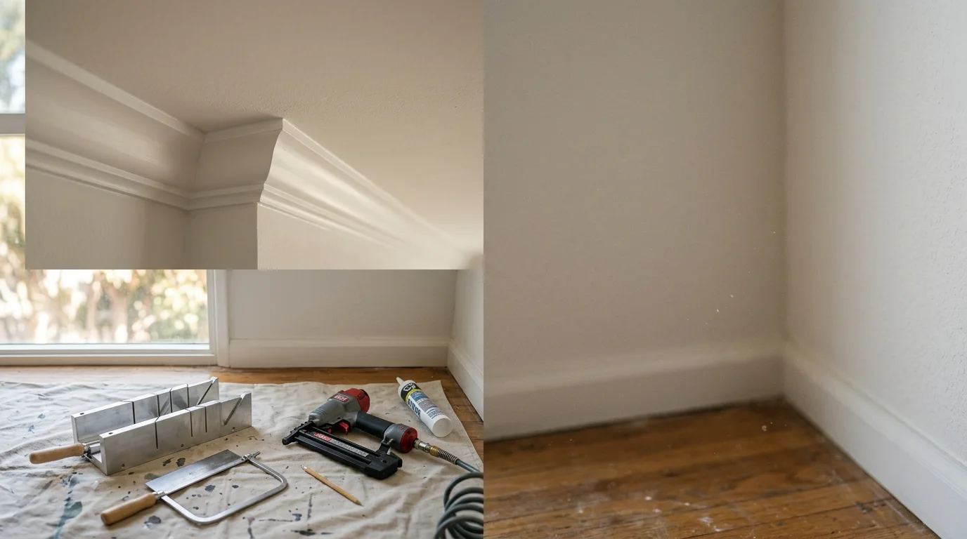Freshly installed crown molding and door casing in a mid-century ranch home in Ladera Heights, California. Clean white trim frames the doorway and ceiling line of a bright interior room.