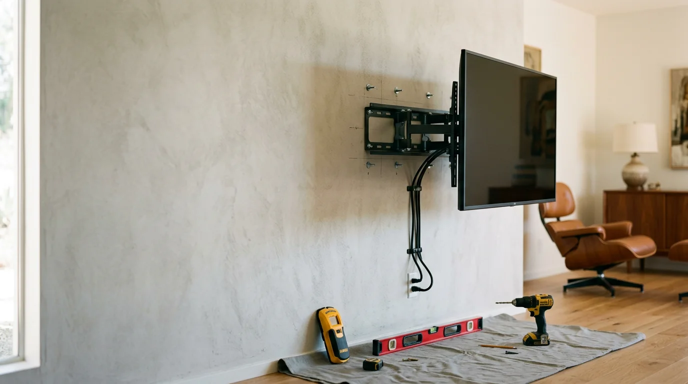 A flat-screen TV mounted flush on a plaster wall inside a midcentury modern living room in Ladera Heights, with cables concealed and a clean, uncluttered finish.